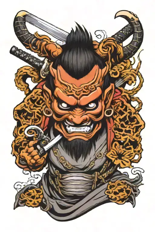 Oni Mask And Samurai Warrior Holding Katana
