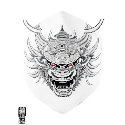 A Fierce Oni Mask With Intricate Japanese Temple Architecture Forming The Background