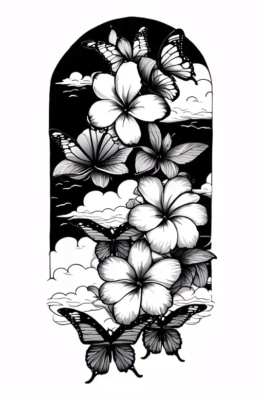 Butterflies And Plumerias With Clouds