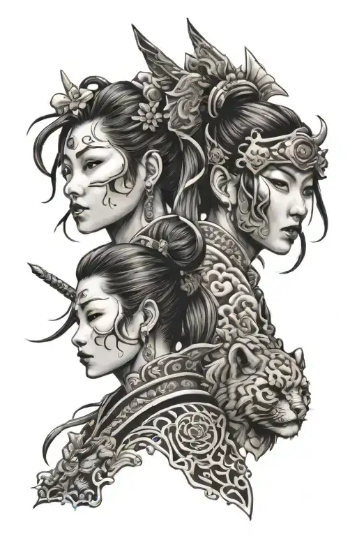 3 Female Warrior Faces Sleeve Design