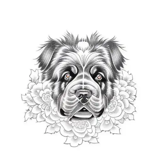 Newfoundland Dog Side Profile Surrounded By Flowers And Lace