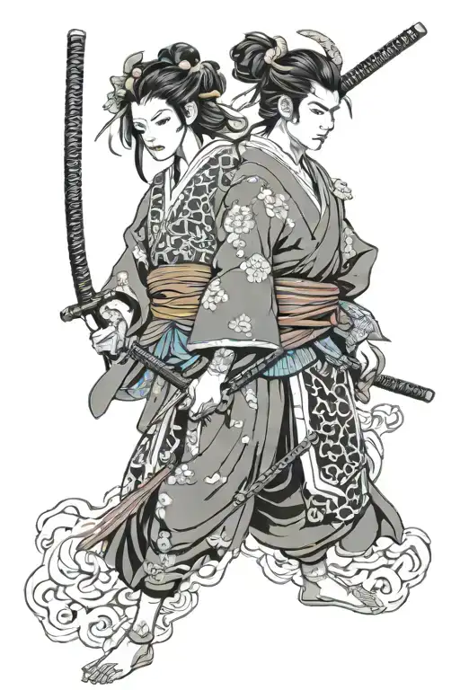 Japanes Girl And Boy Samurai Warrior