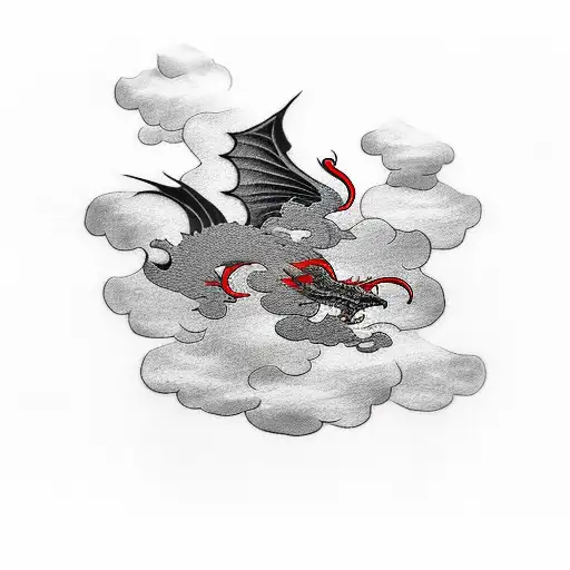 Tatoo In Black Red And Grey Of A Dragon Flying Across Clouds And Flowers