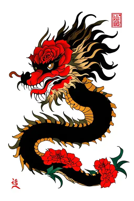 Japanese Dragon And Rose