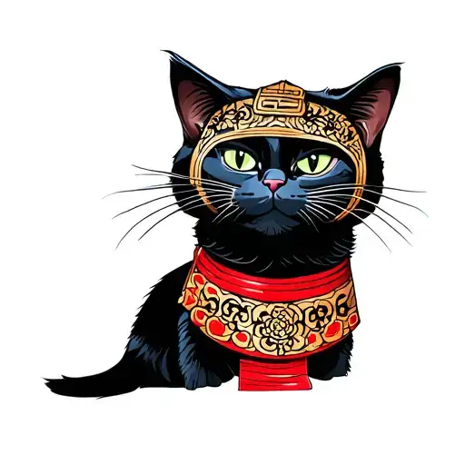 Black Cat Wearing A Samurai Mask
