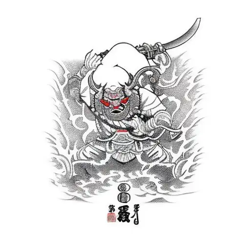 Oni Attacking A Praying Warrior Monk With Cherry Blossom Intricate Pattern