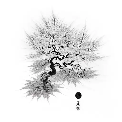 A Realistic Black And White Tattoo Of A Japanese Maple Tree With A Hidden Mantis