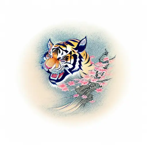 Japanese Tiger Crane Waves Cherry Blossoms