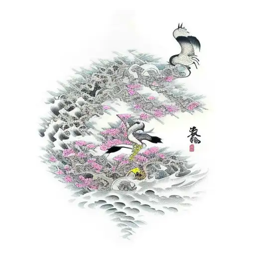 Tiger Japanese Crane Rocks And Water Cherry Blossoms