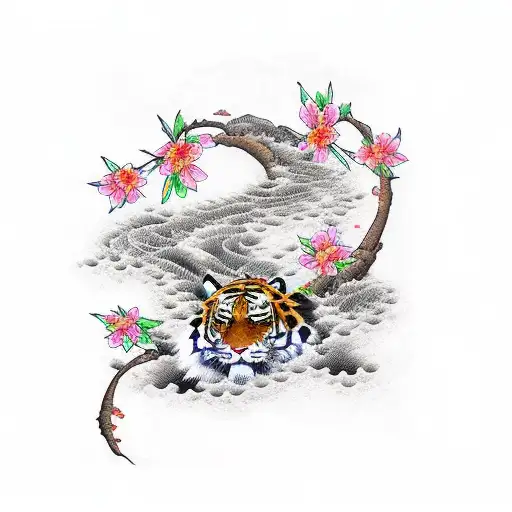 Tiger Crane Rocks And Water Cherry Blossoms