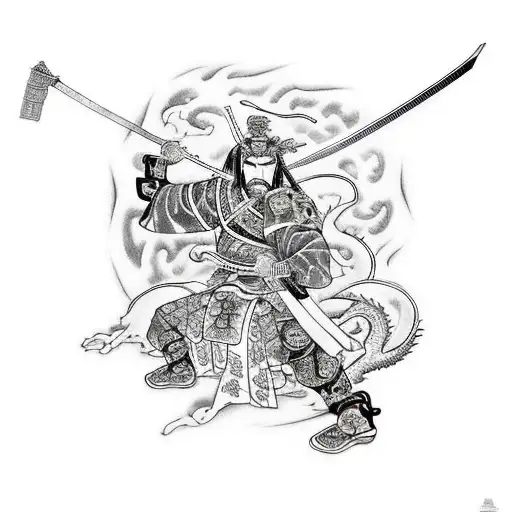 Samurai Holding 2 Daggers In Hand With Swords On Back With Dragon Behind It