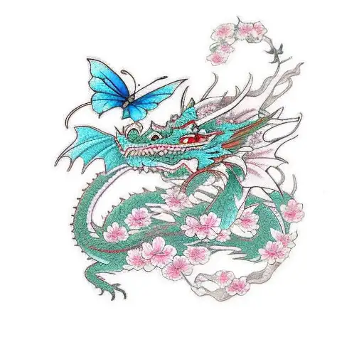 Dragon With Cherry Blossoms And Butterfly Background