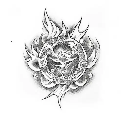 Black And White Sleeve Tattoo With Gemoetry Transitioning In To Flames