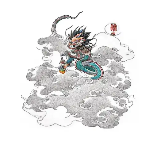 Dragon Swirling Around Dragonball Z Clouds With Wukong On The Dragon
