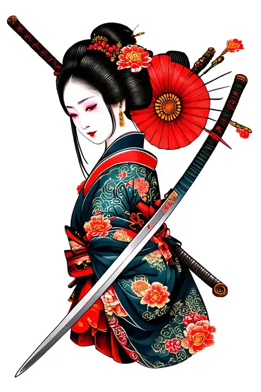 Related Geisha With Katana And Japanese Samurai
