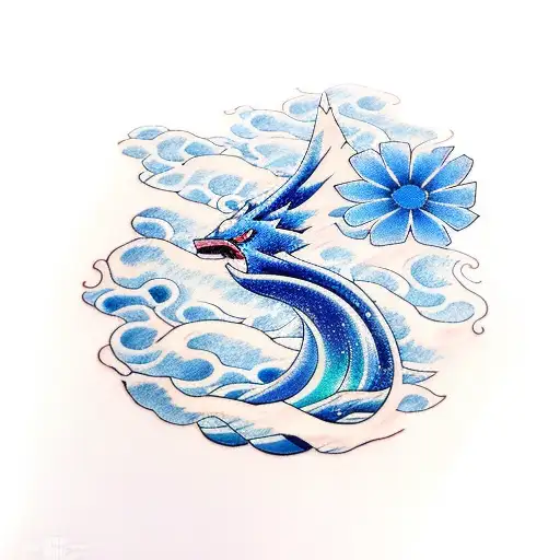 Pokemon Lugia With Waves And Blue Flower