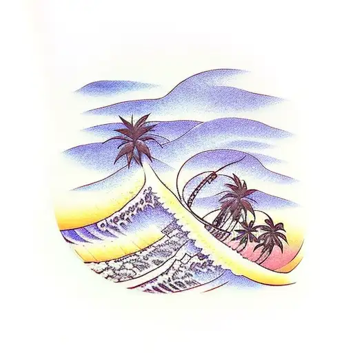 Sunset Waves Palm Trees