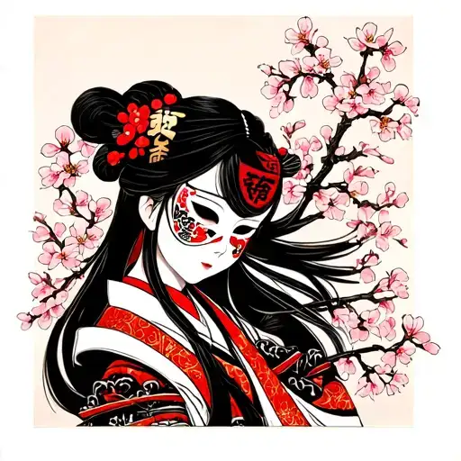 Japanese Samurai Girl With Hanya Mask Surrounded By Cherry Blossoms