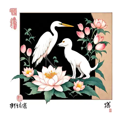 Egret And Dog Surrounded By Lotus Hibiscus And Tulips
