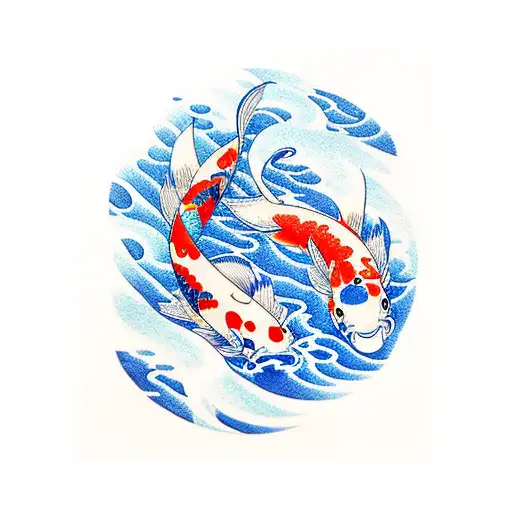 Koi Fish Blue Wave And Cherry Blossom Petals
