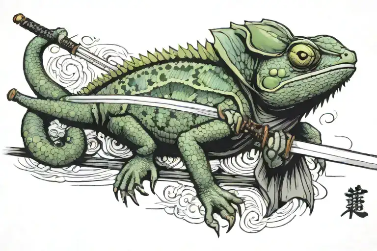 Chameleon Walking On A Samurai Katana Sword