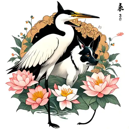 Egret And Japanese Dog Surrounded By Lotus Hibiscus And Tulips