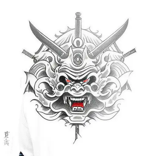 Oni Mask With Sword Through It Forearm Tat