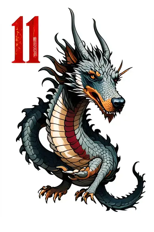 Gray Wash Long Hydra Dragon With Doberman Heads And Number 11 And Indep