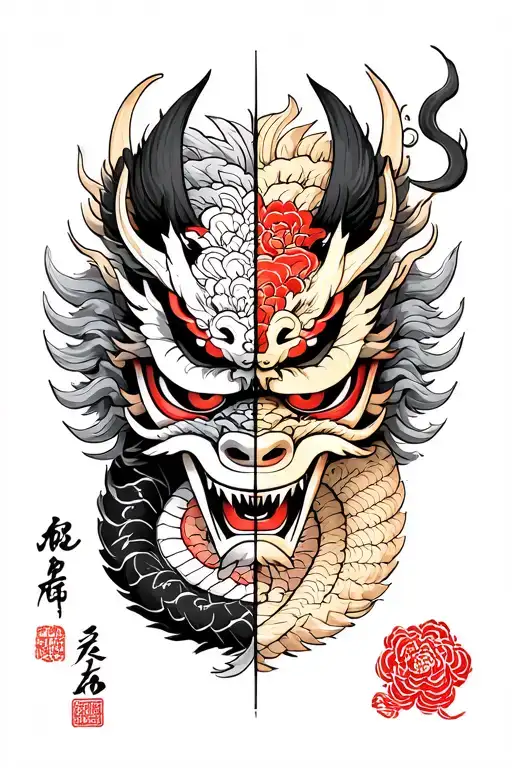 Oni Mask Splitting In Half With A Dragon Wrapped