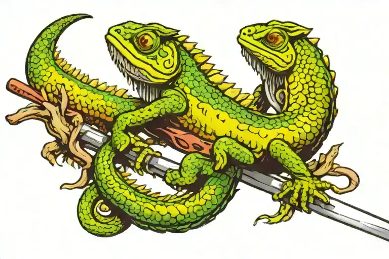 Chameleon Walking On A Samurai Katana Sword