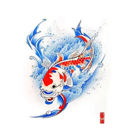 Koi Fish Blue Wave And Cherry Blossom Petals