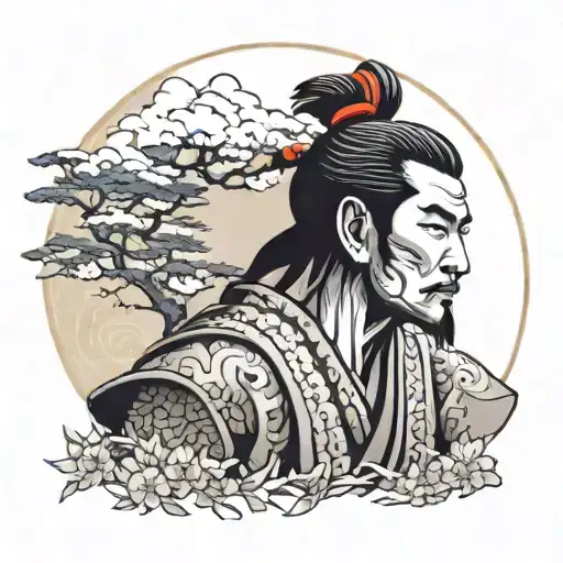 A Samurai Meditating With A Typical Japanes Background Behind Him