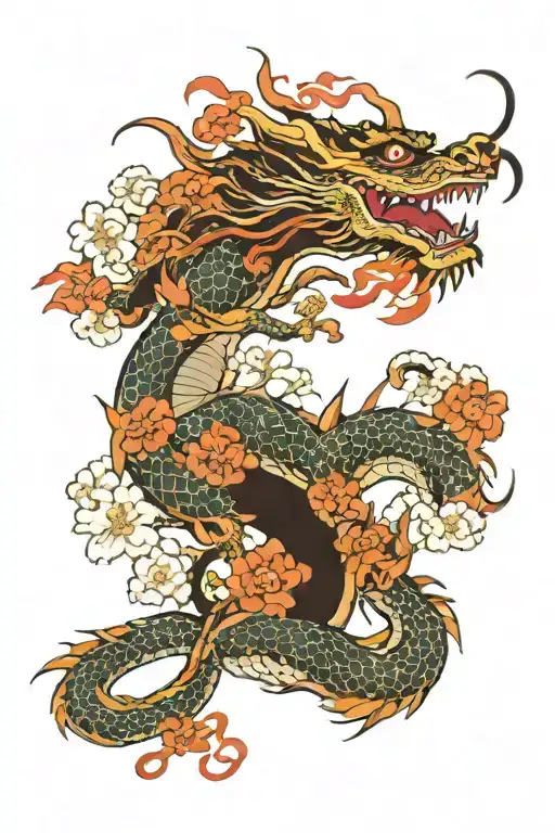 China Dragon Long And Flowers Blooming