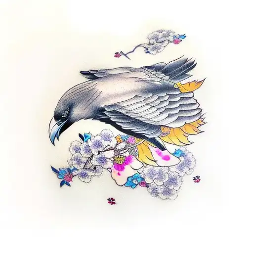Flying Raven With Cherry Blossom