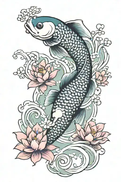 Koi Fish Swimming Lotus Blossoms Cherry Blossoms Falling Cute Fish Bright Colors