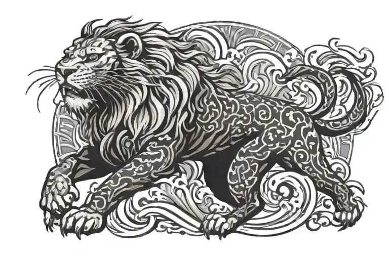 Leo Zodiac Sign With Lion Warrior With Big Wave Pattern