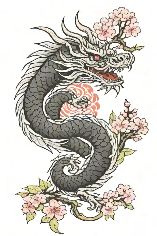 Japanese Dragon Around The Forearm With Scales And Cherry Blossom And Sakura In The Background