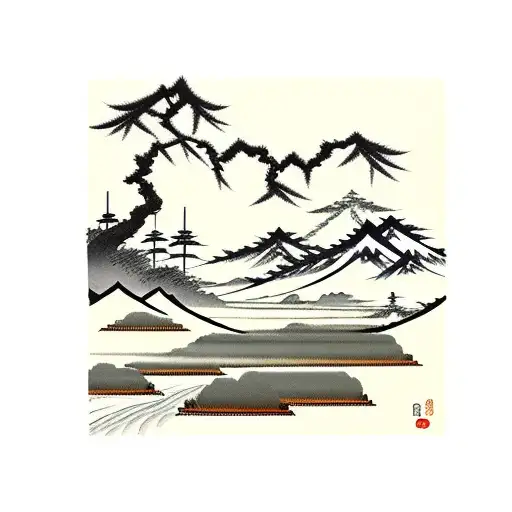 Traditional Japanese Landscape Ink Painting With Rice Fields And River And Forest