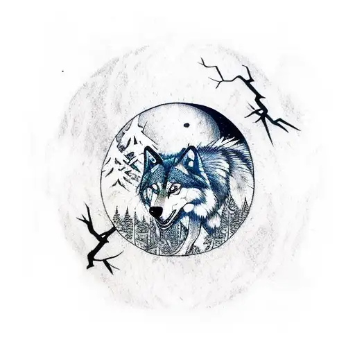Wolf In A Forest Looking A Moon And Use Yin Yang Concept