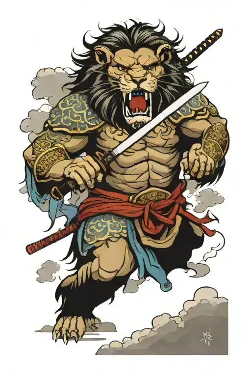 Warrior Lion Roaring Holding Katana With Clouds Surrounding