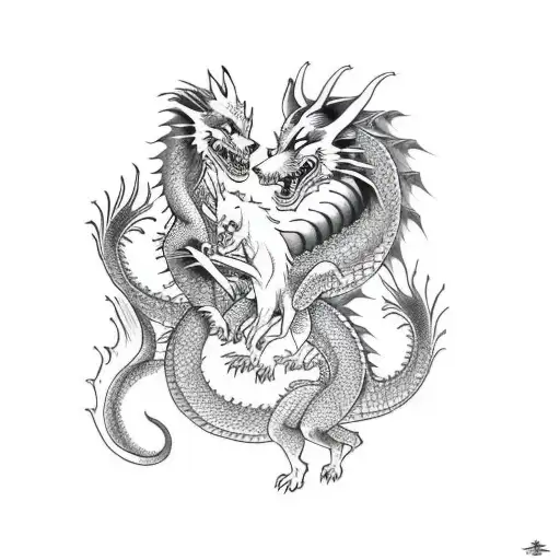 Dragon Fighting A Fox While Waves Are Hitting Them