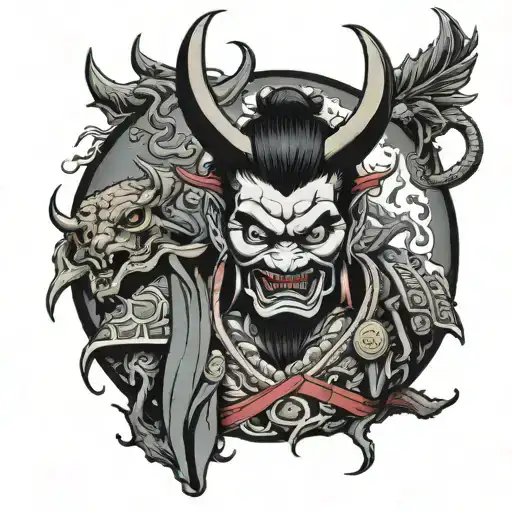 Samurai With A Busted Oni Mask And Devil Wings