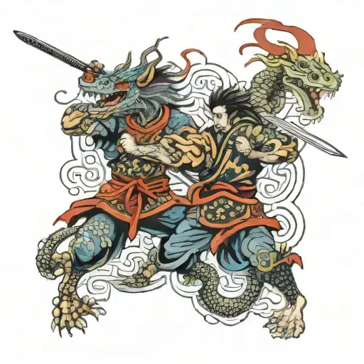 Dragon And Samurai Warrior Battling