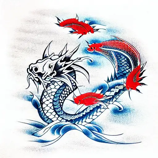 Red And Black Dragon With Koi Fish And Blue Waves