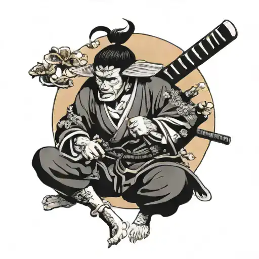 Samurai Squatting On One Knee With Katana Sword Ant Moon Shining