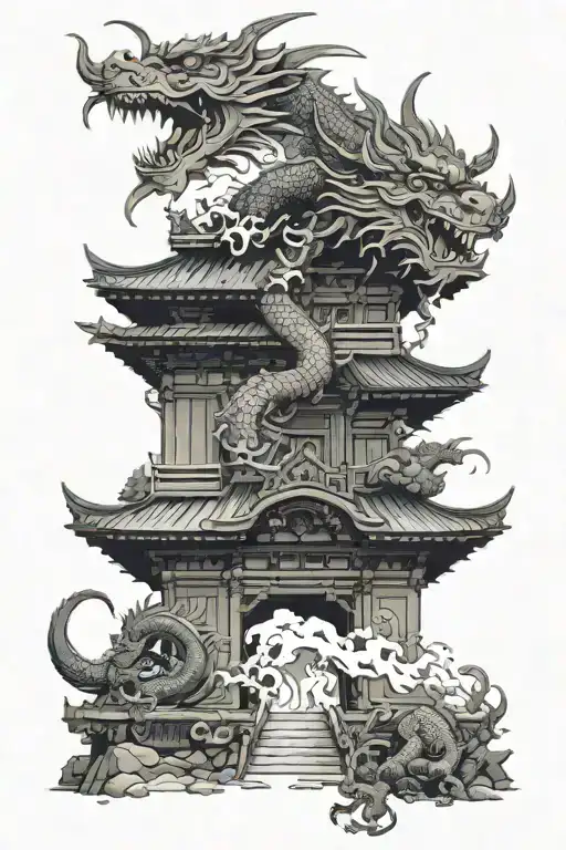 Japanese Temple Surround By Dragon