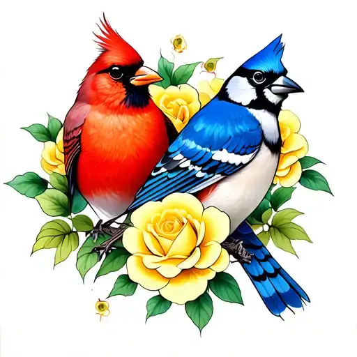Cardinal And Blue Jay With Yellow Roses Intertwined