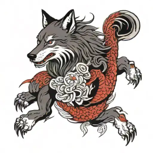 Wolf With Red Japanese Dragon