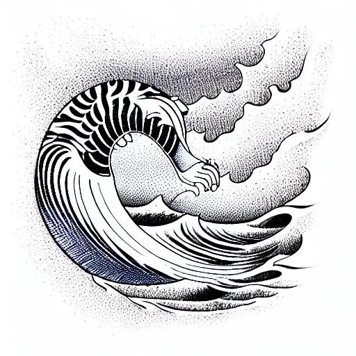 Ocean Wave With Tiger And Man Holding A Rock
