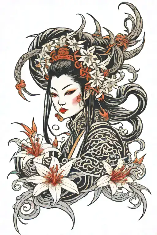 Samurai Woman Medusa Style Design Spider Lily Tattoo Design